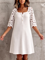 Elegant Square-neck Knit Dress With Floral Embroidery Sleeves