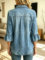 Classic Denim Ruffle 3/4 Sleeve Loose Art Casual Lapel Shirt
