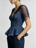 Women's Solid Tulle Spliced Denim Ruffle Waist-Cinched Crop Top