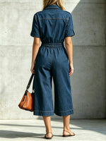 Womens Zip Front Collared Short Sleeve Elastic Waist Denim Culotte Jumpsuit