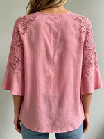 Women’s Floral Lace Raglan Bell Sleeve Tie Neck Casual Blouse