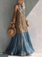 Women's Leopard Print Chiffon Denim Patchwork Cold Shoulder Maxi Dress