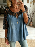 Women's Black Floral Lace Spliced Loose Denim Top