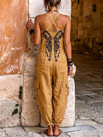 Fast Shipping (Ships in 24Hrs)Women's V-neck Sleeveless Wide-leg Jumpsuit — Casual, Loose-fit Cotton-linen Blend With Placement Print