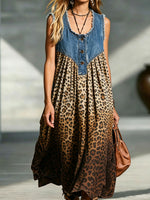 Women’s Frayed Denim Yoke Leopard Print Sleeveless Midi Dress