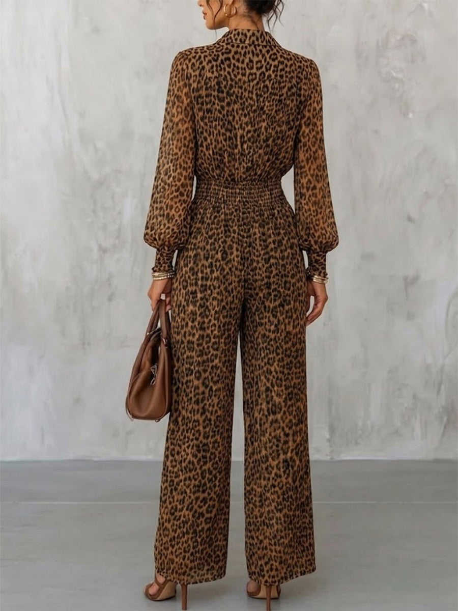 Vintage Leopard Print Lapel Button Front Elastic Waist Puff Long Sleeve Drape Wide Leg Jumpsuit