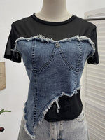 Stylish Casual Denim Top With Stretch Mesh Paneling