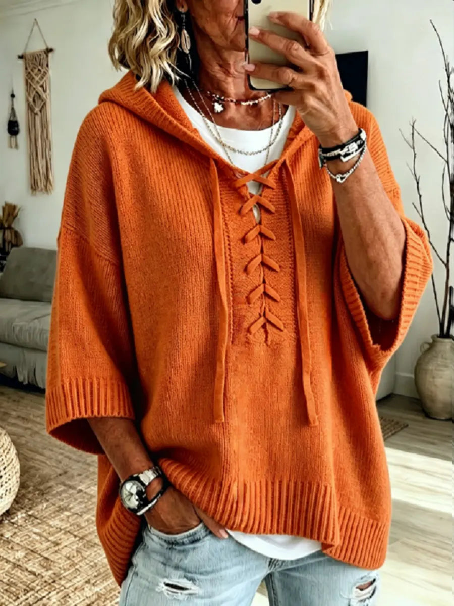 Cozy Knit Lace-Up Hooded Sweater