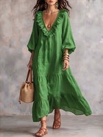 Boho Ruffled Cotton-linen Dress With Pockets