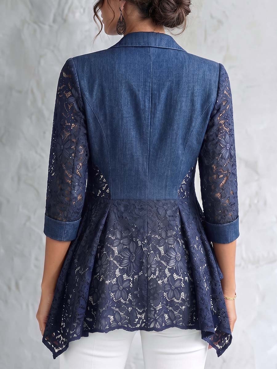 Women's Casual Slim-fit Denim Jacket With Notched Collar 3/4 Sleeves, And Lace Paneling
