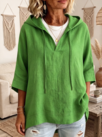 Relaxed Forest Green Hooded Cotton-linen Top