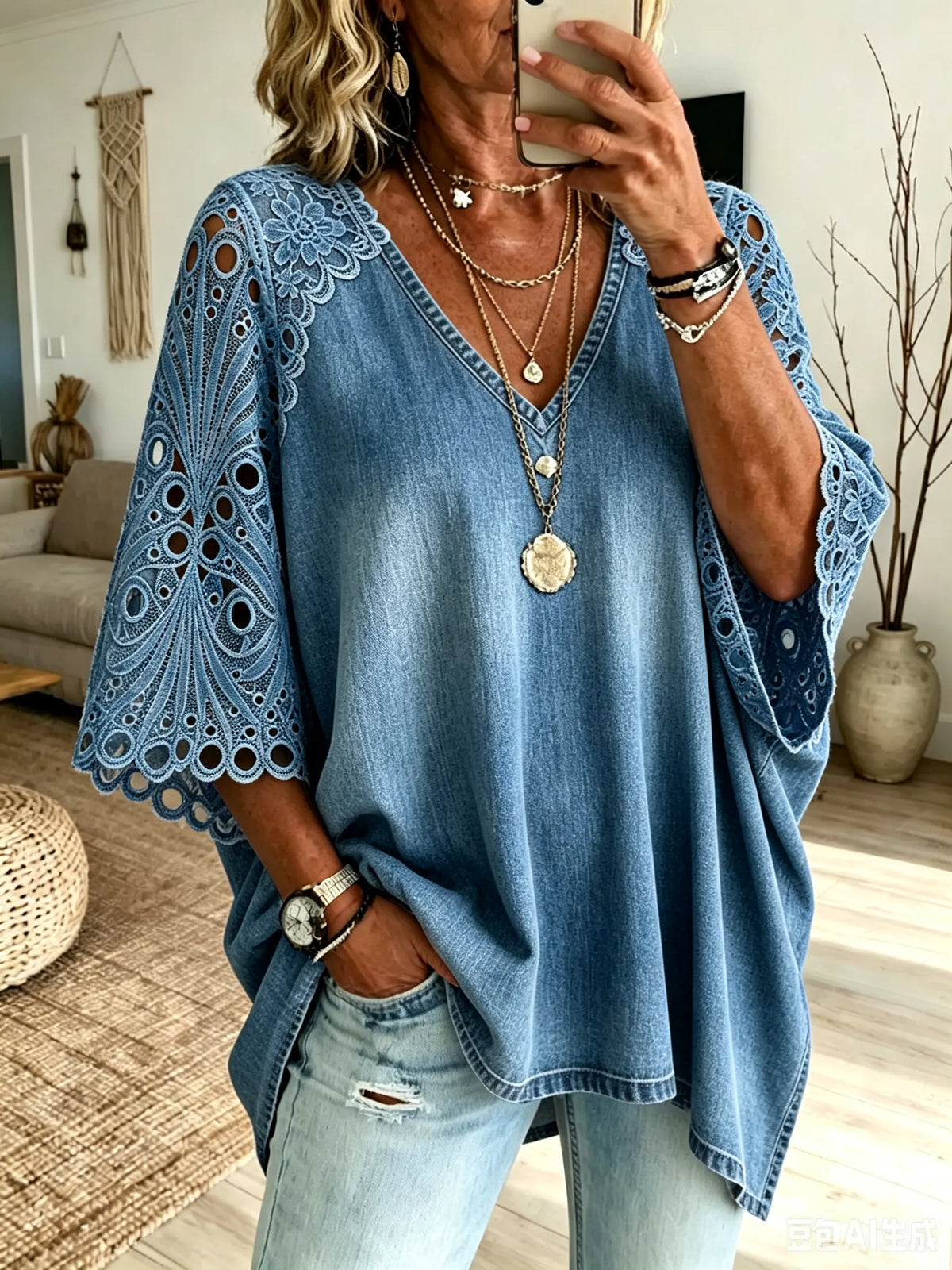 Women's Floral Eyelet Embroidery Washed Denim Loose V Neck Tunic Top