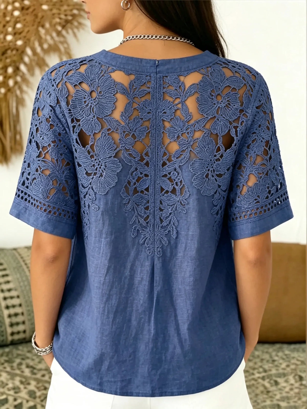 Women's Hollow Floral Lace Spliced Denim Collar Short Sleeve Shirt