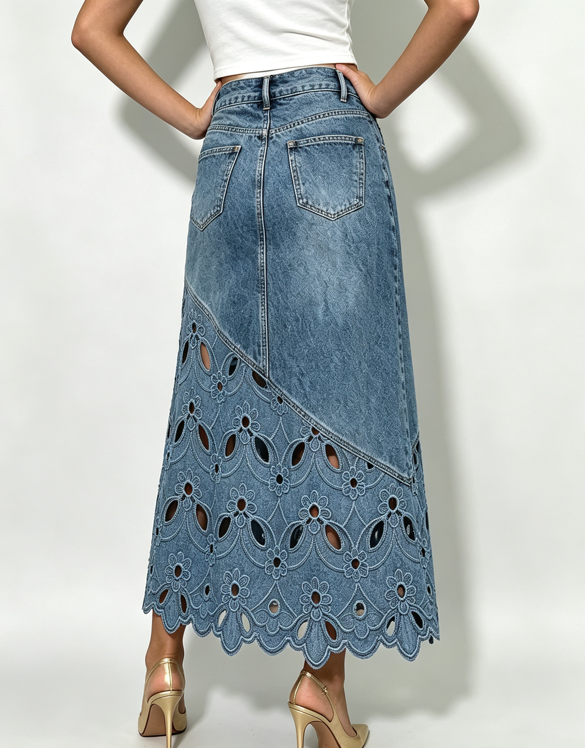 Bohemian Floral-cutout Asymmetrical Denim Midi Skirt