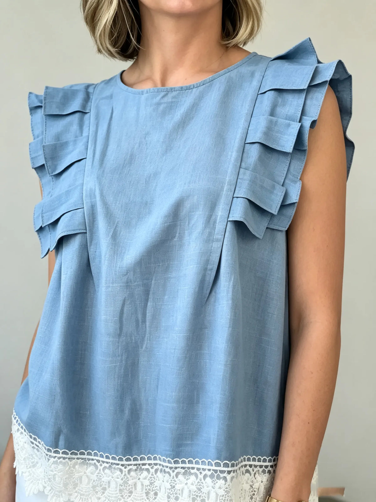 Women's Ruffle Shoulder Lace-Trim Top