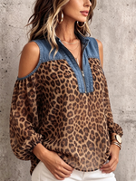 Casual Denim-paneled Leopard Print Chiffon Shirt