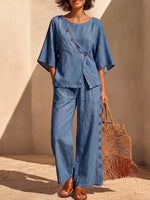 Women's Casual Loose Denim Set: Round-neck 3/4 Sleeve Top And High-waisted Wide-leg Pants