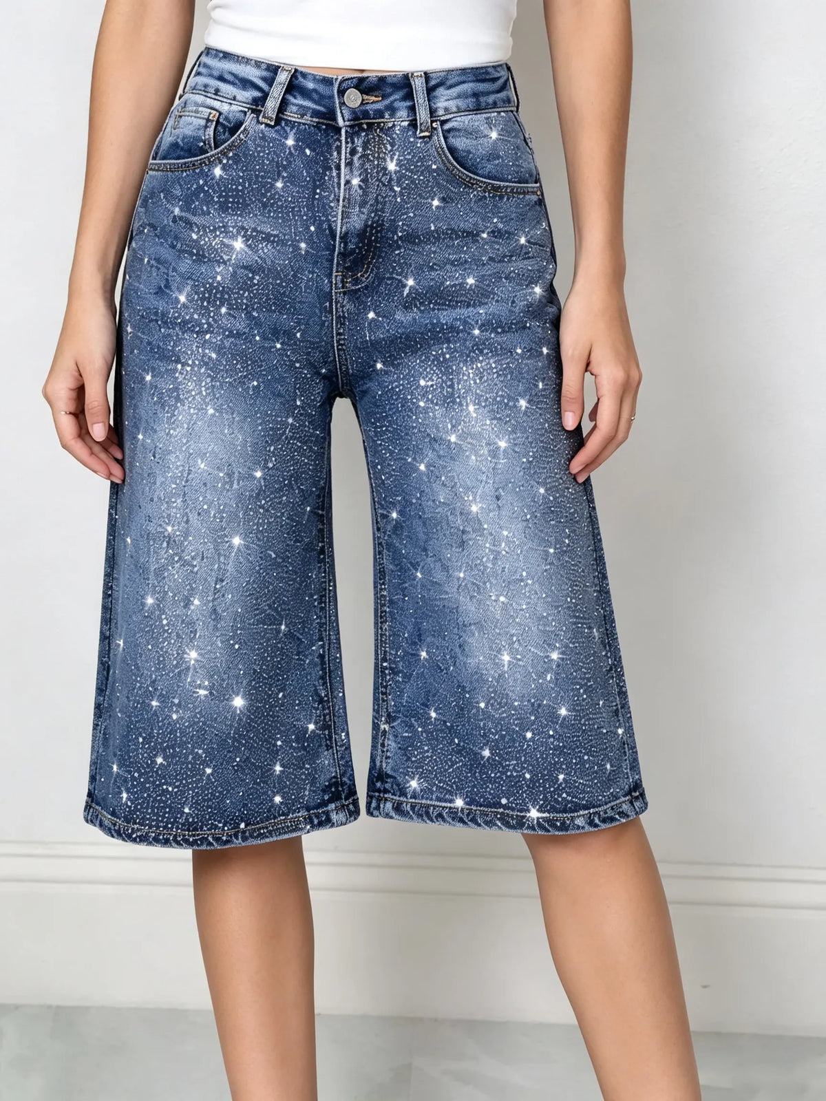 Women's Sparkly Denim Wide-Leg Shorts