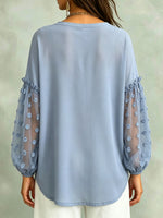 Women’s V-neck Mesh Floral Applique Puff Long Sleeve Loose Blouse