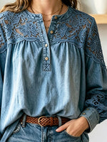 Retro Floral Hollow Lace Denim Patchwork Loose Art Casual Long Sleeve Shirt