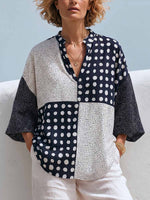 Women's Polka-dot Print V-neck 3/4 Sleeve Casual Loose Cotton-linen Top