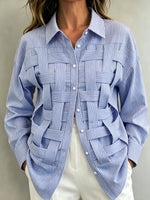 Women’s Striped Woven Cutout Front Collared Long Sleeve Button Down Shirt