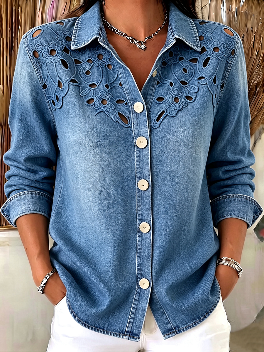 Vintage-style Floral Embroidered Cut-out Denim Shirt