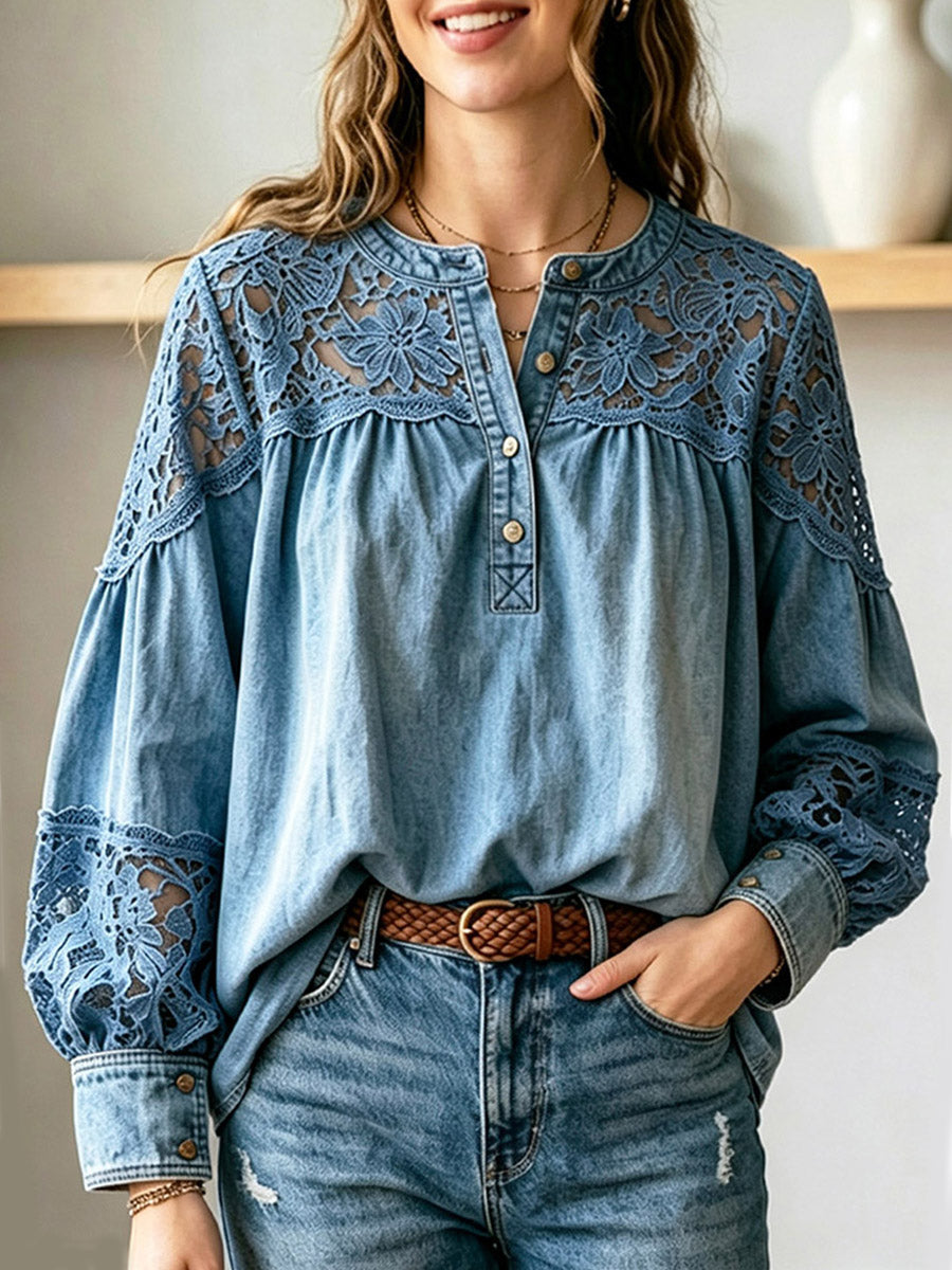 Retro Floral Hollow Lace Denim Patchwork Loose Art Casual Long Sleeve Shirt
