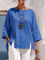 Breathable Blue Comfortable Cotton-linen Top