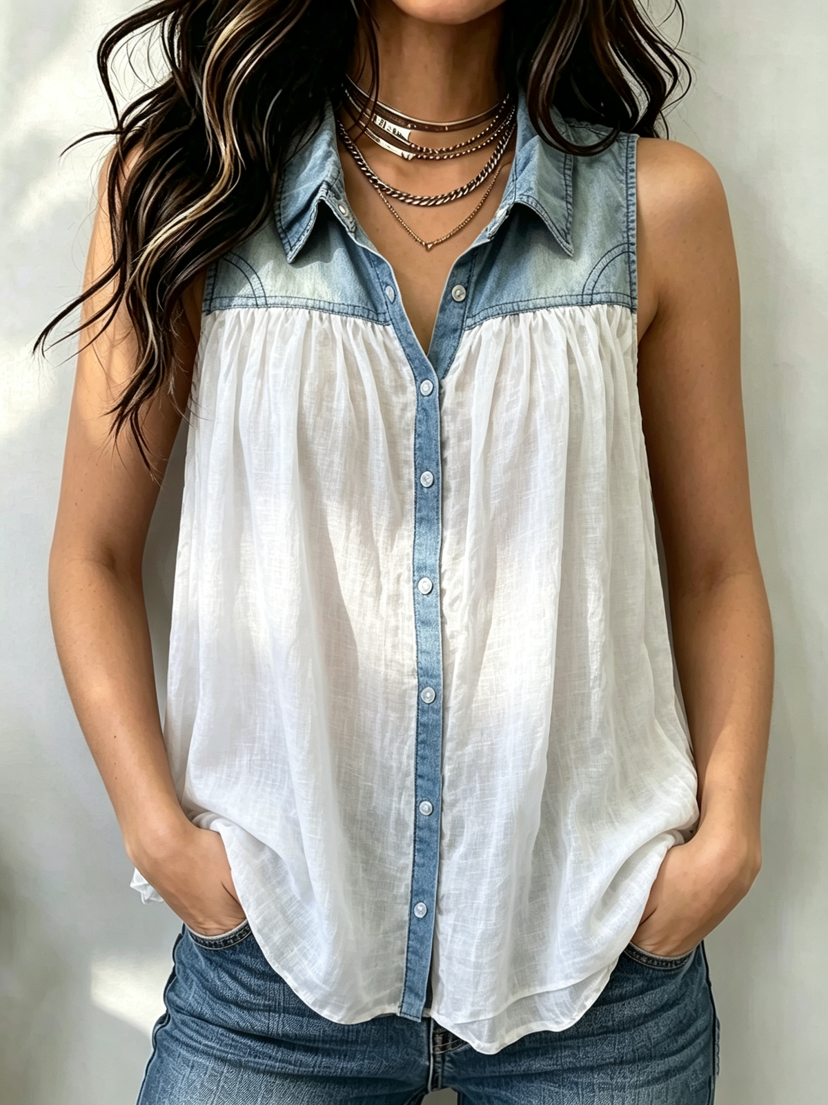 Women's Denim Patchwork Sleeveless Button-Down Top