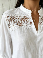 Women Solid Floral Eyelet Lace Stand Collar 3/4 Sleeve Loose Blouse