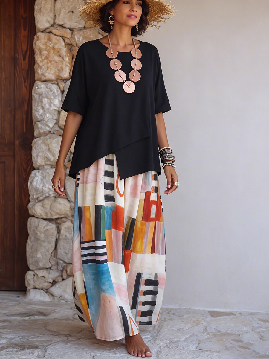 Artistic Geometric Print Cotton Two-piece Set
