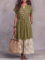 Vintage Elegant Cotton Linen Cut-Out Lace Patchwork Dress