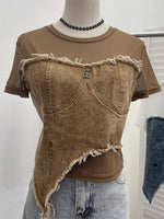 Stylish Casual Denim Top With Stretch Mesh Paneling