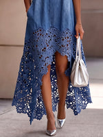 Elegant And Stylish Lightweight Denim Dress With Lace Hem