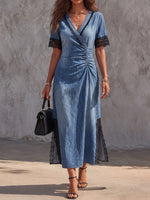 Vintage Art Comfortable Fabrics Hollowed Out Lace Patchwork Denim Dress
