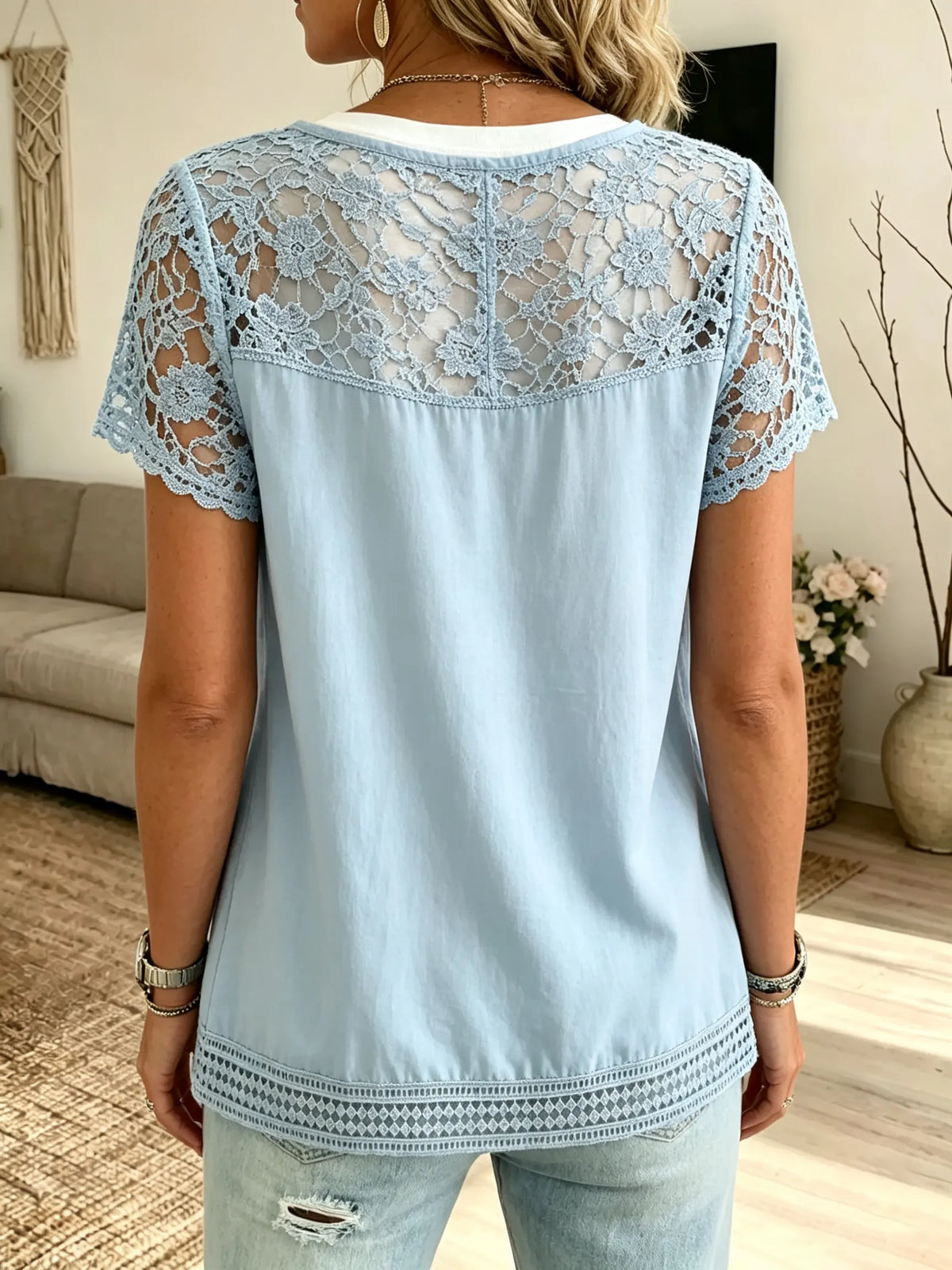 Women's Hollow Floral Lace Spliced Solid Cotton Short Sleeve Cardigan