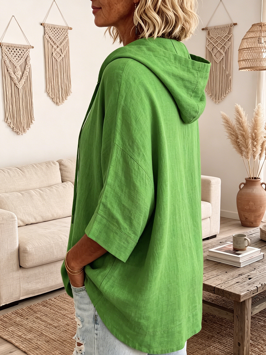 Relaxed Forest Green Hooded Cotton-linen Top