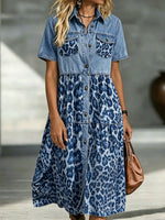 Women’s Leopard Print Patchwork Tiered Short Sleeve Denim Shirt Midi Dress