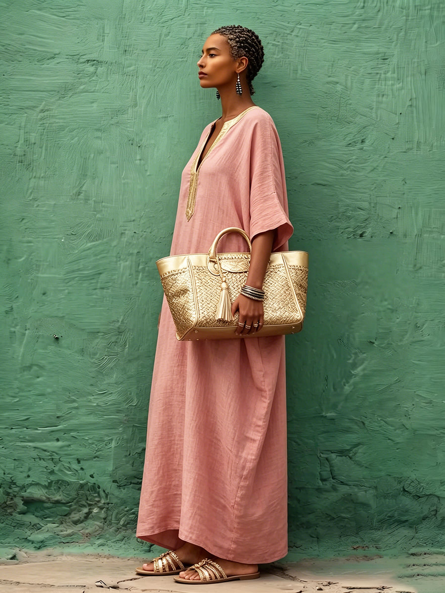 Bohemian Gold V-neck Cotton-linen Maxi Dress