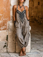 Fast Shipping (Ships in 24Hrs)Women's V-neck Sleeveless Wide-leg Jumpsuit — Casual, Loose-fit Cotton-linen Blend With Placement Print