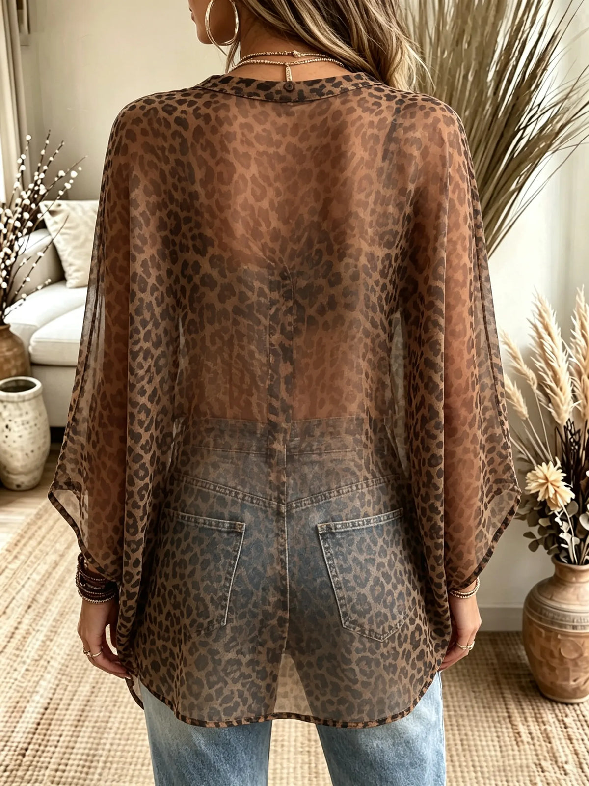 Women's Sheer Leopard Print Button-Down Blouse