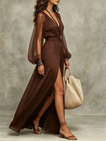 Women's Chiffon Lantern Sleeve High-Slit Maxi Dress