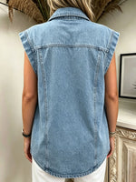 Women’s Washed Lapel Sleeveless Stitch Detail Denim Vest