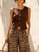 Retro Art Casual Vest And Leopard Pattern Wide Leg Pants Two-piece Set
