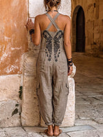 Fast Shipping (Ships in 24Hrs)Women's V-neck Sleeveless Wide-leg Jumpsuit — Casual, Loose-fit Cotton-linen Blend With Placement Print