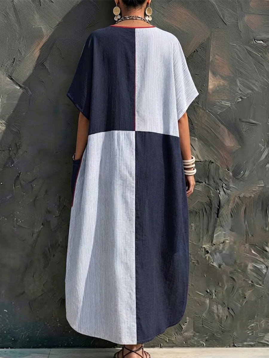 Vintage Casual Geometric Block Contrast Stripe Splice Red Piping V-neck Big Pocket Loose Ankle Vacation Maxi Dress