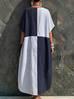 Vintage Casual Geometric Block Contrast Stripe Splice Red Piping V-neck Big Pocket Loose Ankle Vacation Maxi Dress