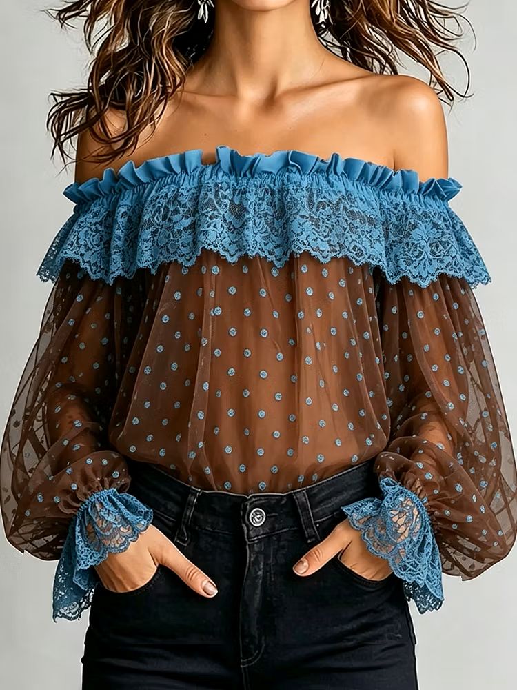 Women's Off-The-Shoulder Lace-Trim Polka Dot Top