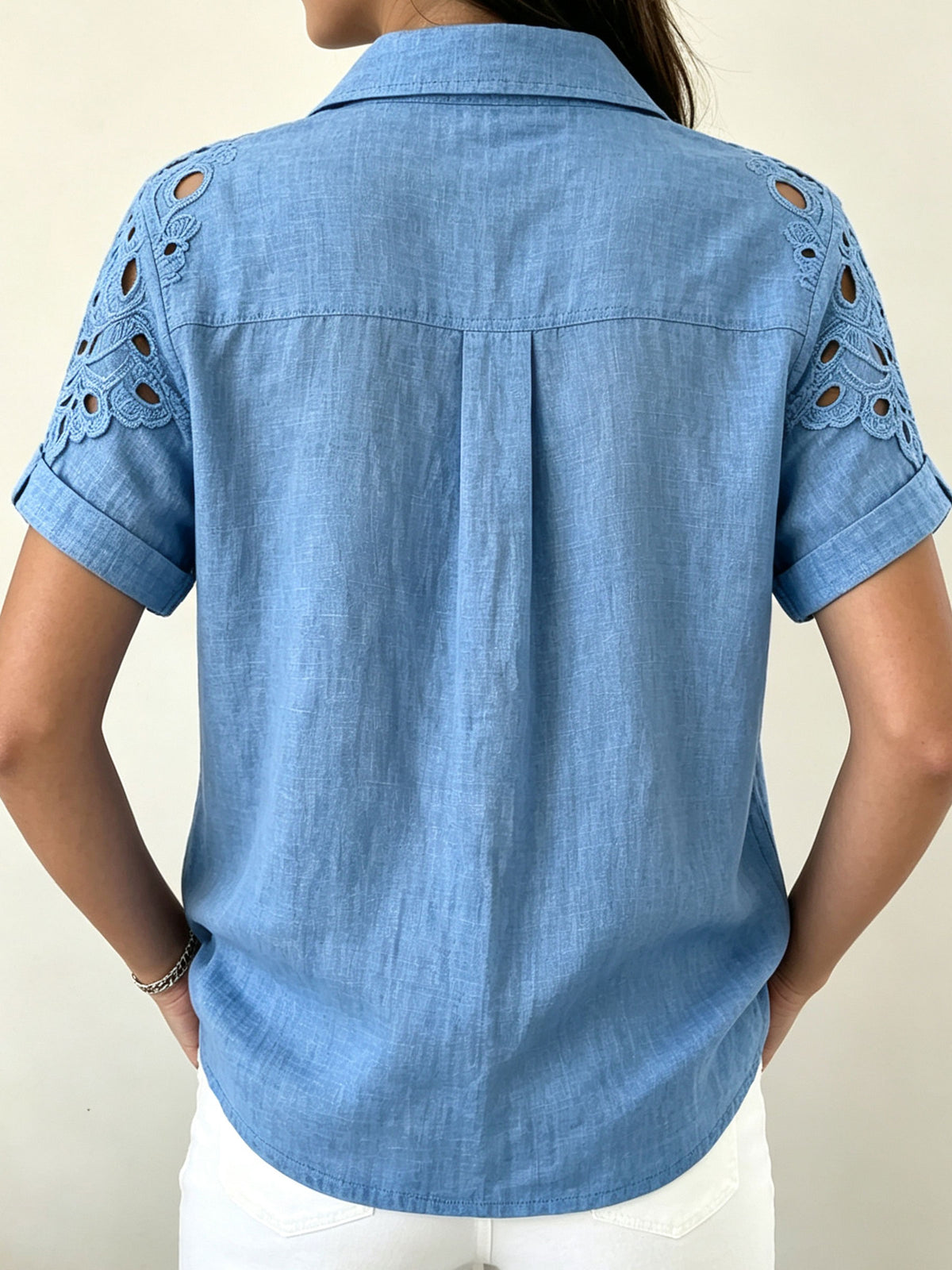 Women’s Floral Eyelet Lace Patchwork Rolled Cuff Linen Blend Button Shirt
